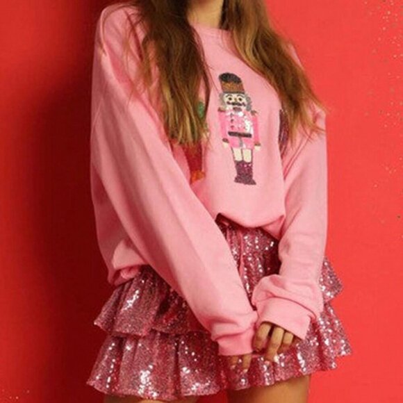 Pink Casual Women's Loose Sequin Christmas Crewneck Sweater - Picture 6 of 7